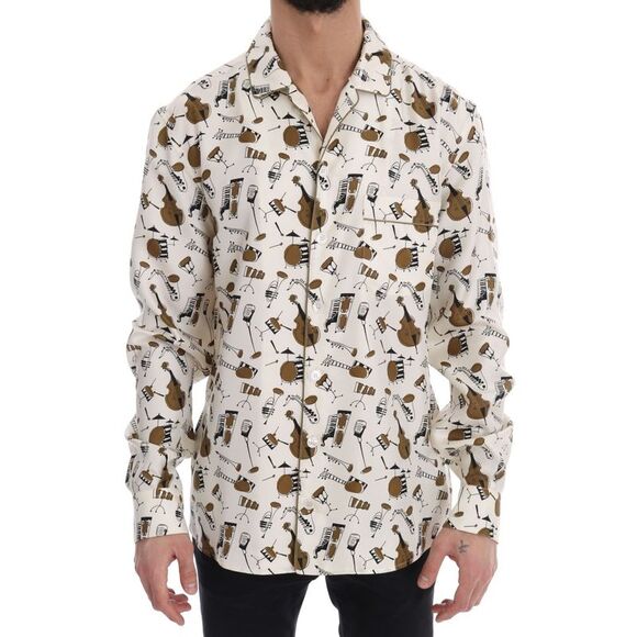 Dolce & Gabbana White Silk JAZZ Motive Print Men's Shirt